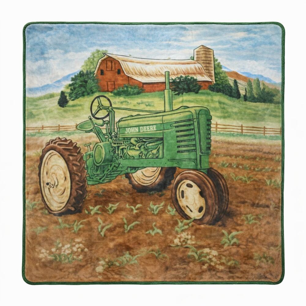 VTG Vintage John Deere 80" x 90" Thick Plush Blanket Farm Tractor Americana EUC